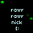 Pixelated text 'rawr rawr nick [:]' on black background with green stars, some frames show star movement.
