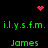 Green text 'ily.sfm.' and 'James' repeated in a with pink pixelated heart and starburst symbols on black background