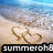 Beach scene with two heart shapes drawn in sand, waves in background, and text overlay on one frame.