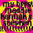 Pixelated text reads 'my bffs! maddie hannah s. stephen' over a yellow and pink spiral background with black borders.