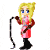 Pixelated character with blonde hair and blue eyes holds a black whip in various animated poses against white background.