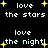 Pixelated text and yellow stars on black background with repeated phrases and animated star movements.