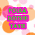 Pixelated text blocks on pink backgrounds with green letters over a patterned backdrop of orange and pink circles.