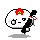 Pixel art contact sheet of a round white character with red flower, black sword, and pink blush across 8 frames showing facial expression changes from neutral to smiling with tears.