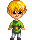 Pixel art character with spiky blonde hair, black sunglasses, green tunic with brown belt and orange buckle, light gray pants, dark brown shoes on a solid gray background.