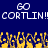 Pixelated blue background with white text reading 'GO CORTLIN!!' repeated twice, yellow pixelated figures below.