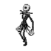 Pixelated skeletal figure with hollow eye sockets and a square mouth walks in three distinct poses across white background.