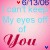 Pink gradient background with light blue text reading "I can't keep My eyes off of" above large red cursive "You", small heart symbols, and date stamps.