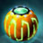 A pixelated static icon of a rounded orange-yellow object with green highlights and dark brown accents, set against a blue gradient background.