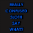 Pixelated image with blue text on dark background and a camel-like figure against sky, displaying 'REALLY CONFUSED SLOTH SAY WHAT' in blocky letters.