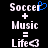 Black background with white pixelated text reading "Soccer + Music = Life" and a blue heart symbol replacing the 'o' in Soccer on the left side.