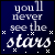 Dark blue background with white text reading "you'll never see the stars" in a stylized font, surrounded by small white star-like dots and crosses.