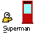 Pixelated cartoon character in yellow and blue outfits with red cape, interacting with red and light blue rectangular structures on gray background.