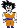 Pixelated character in orange and blue outfit with spiky black hair, shown in multiple poses including standing and extending a hand with blue energy effect.