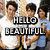 Animated sequence of a group of people with changing text overlays reading HELLO BEAUTIFUL, HOW'S IT GOING?, and IT'S WONDERFUL IN CALIFORNIA.