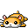Pixel art hamster with orange fur, white muzzle, black eyes, and pink ears in multiple poses on gray background.