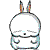 A cartoon rabbit with light blue and white coloring, brown-tipped ears, and a small black nose, shown in multiple poses including front, side, and back views.
