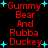 Red pixelated text reading "Gummy Bear And Rubba Ducey" repeated twice on a black background with cyan star shapes, animated to shift positions.
