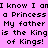 Pixelated text repeats 'I know I am a Princess My father is the King of Kings!' on a pink background with white text blocks.