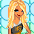 Pixelated cartoon of a blonde cheerleader in yellow and black uniform with 'HS' on chest, standing against light blue circular-patterned background.