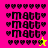 Pixelated icon with repeated 'matt' text surrounded by heart symbols on a split background of pink, orange, and yellow sections.