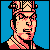 Pixelated 8-bit style character portrait with blue background, featuring a stylized face and patterned headwear in pink, black, and beige tones.