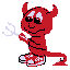 Pixelated devil icon with red, blue, and pink color variations holding a white trident against gray background.
