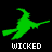 Green witch silhouette flying on broomstick above 'WICKED' text with heart symbol, next to partial character image.