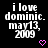 Pixelated text reads 'i love dominic. may13, 2009' with pink heart symbols on black background; one frame shows gray rectangle at bottom right.