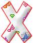 White X-shaped icon with red outline, decorated with colored musical notes and hearts on gray background.