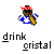 Pixel art character in blue and white shirt with red bandana holding golden object, gray background, text below reads drink cristal