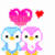 Two pixelated penguins with blue and pink bodies stand under a large pink heart, while a small red heart floats nearby.