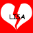 Two identical pixelated heart icons with red cracks and black text 'LISA' on white halves against a solid red background.