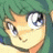 Pixelated anime-style character with green hair and large blue eyes, next to black background with white text.