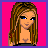 Pixel art contact sheet of six animated frames showing a cartoon woman with long brown hair, black crop top, and blue patterned shorts against bright pink background, with text phrases below each frame.