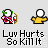 Animated pixel art sequence showing a character with white head and yellow body performing actions with a red-and-white figure, including heart symbols and motion effects.
