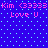 Pixelated blue background with cyan dots and pink text reading "Kim <3333 Kim <3333 Love U" repeated twice horizontally.