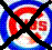 Pixelated icon with four red and white triangular shapes arranged in a cross pattern against black background, bordered by blue and white checkered edges.