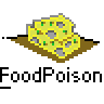 Animated contact sheet showing sequential frames of a yellow stick figure interacting with green and yellow food-like objects on a gray background, labeled "FoodPoison" across all frames.