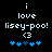 Pixelated text and symbols on black background with blue and white elements, showing two states of a static icon with animated heart symbols.