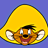 Pixelated cartoon character with orange fur and black hair peeking from under a large yellow sombrero against a solid blue background.