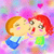 Two pixelated cartoon figures kiss against a pastel gradient background with floating pink hearts.