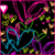 Animated icon with glowing pink heart, blue and purple hearts, green leaves, and orange dots on black background.