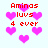 Pixelated red text reads "Aminos luvs 4 ever" surrounded by pink hearts on a white background.
