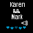 Pixelated text displays 'Karen' above 'Mark' with a heart symbol, followed by a '<3' emoticon and blue star-like shapes on a black background.
