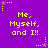 Purple background with yellow pixelated text reading "Me, Myself, and I!!" repeated in a pattern surrounded by small star icons