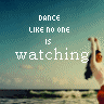 Static pixelated image with text overlay on a beach scene background showing a person dancing by the water.