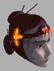 Pixelated avatar head with brown hair in a bun, two antennae-like protrusions, and red/orange decorative elements on the forehead.