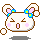 Pixelated bunny head with closed eyes, pink cheeks, and blue-yellow bows on ears; mouth alternates between open and closed states.