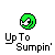 Green circular pixel art icon with white and black details above pixelated text reading 'Up To Sumpin'' on gray background.